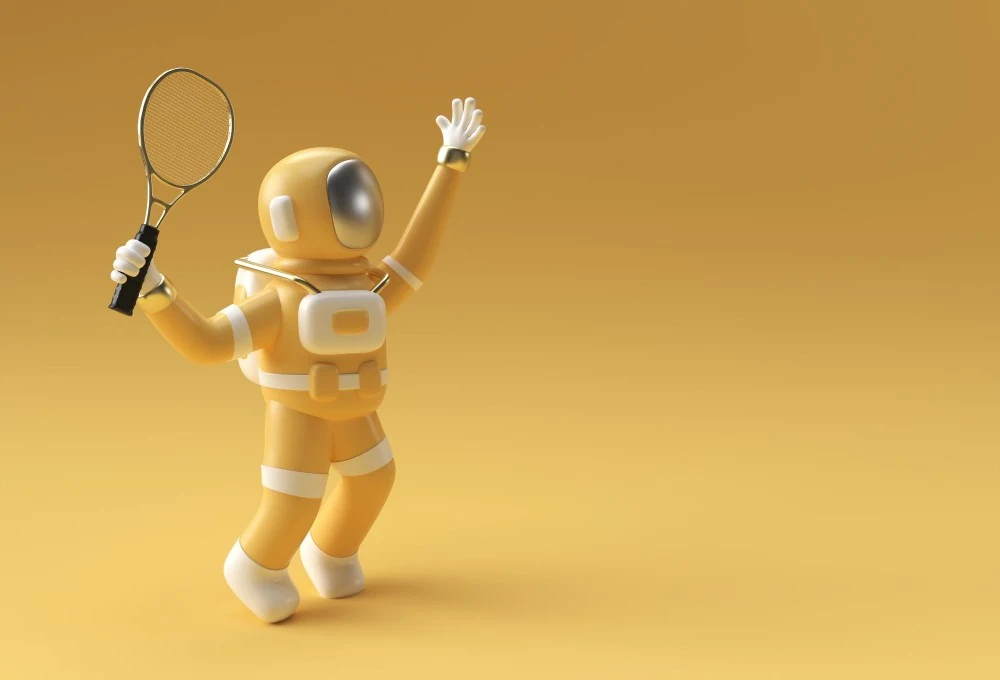 An astronaut mid-swing with a tennis racket, mid-celebration