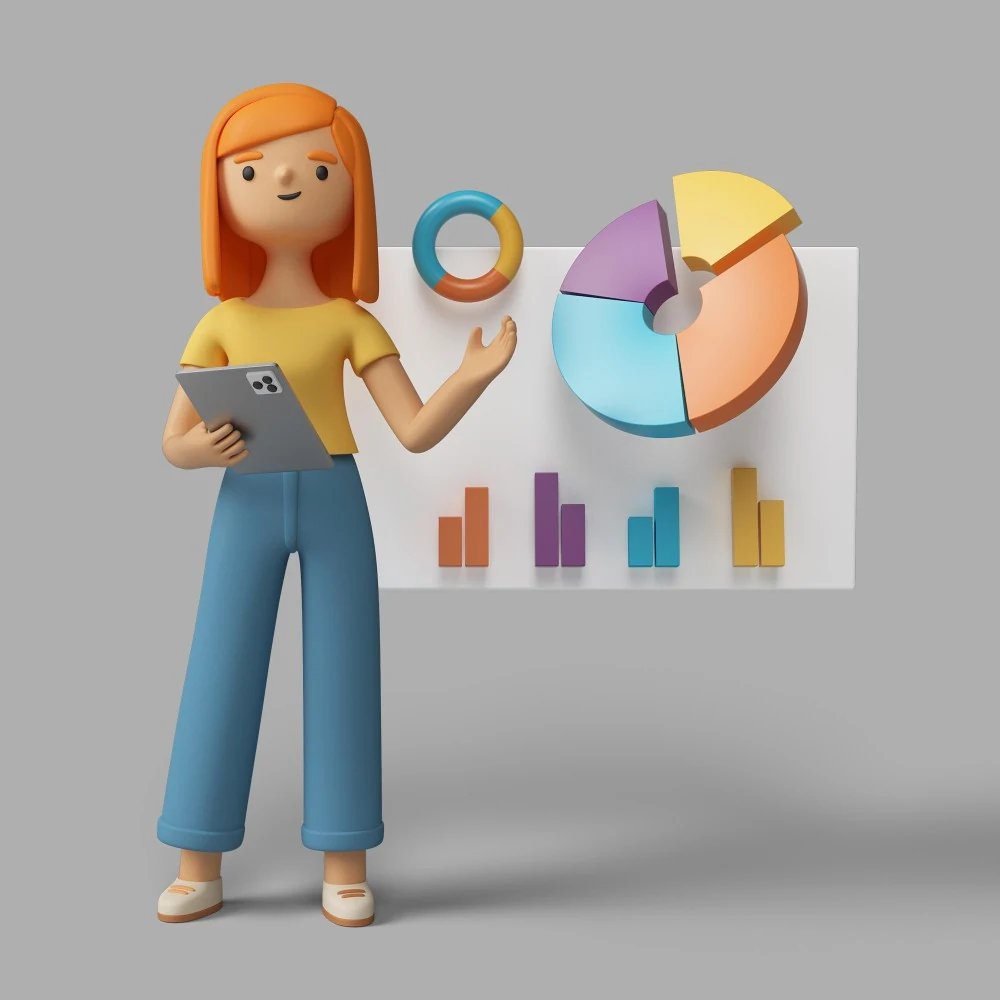 A student reviewing colourful pie and bar charts on a tablet