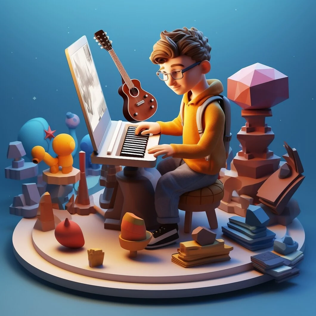 A student composing music and code side by side on a laptop, surrounded by half-built creative projects